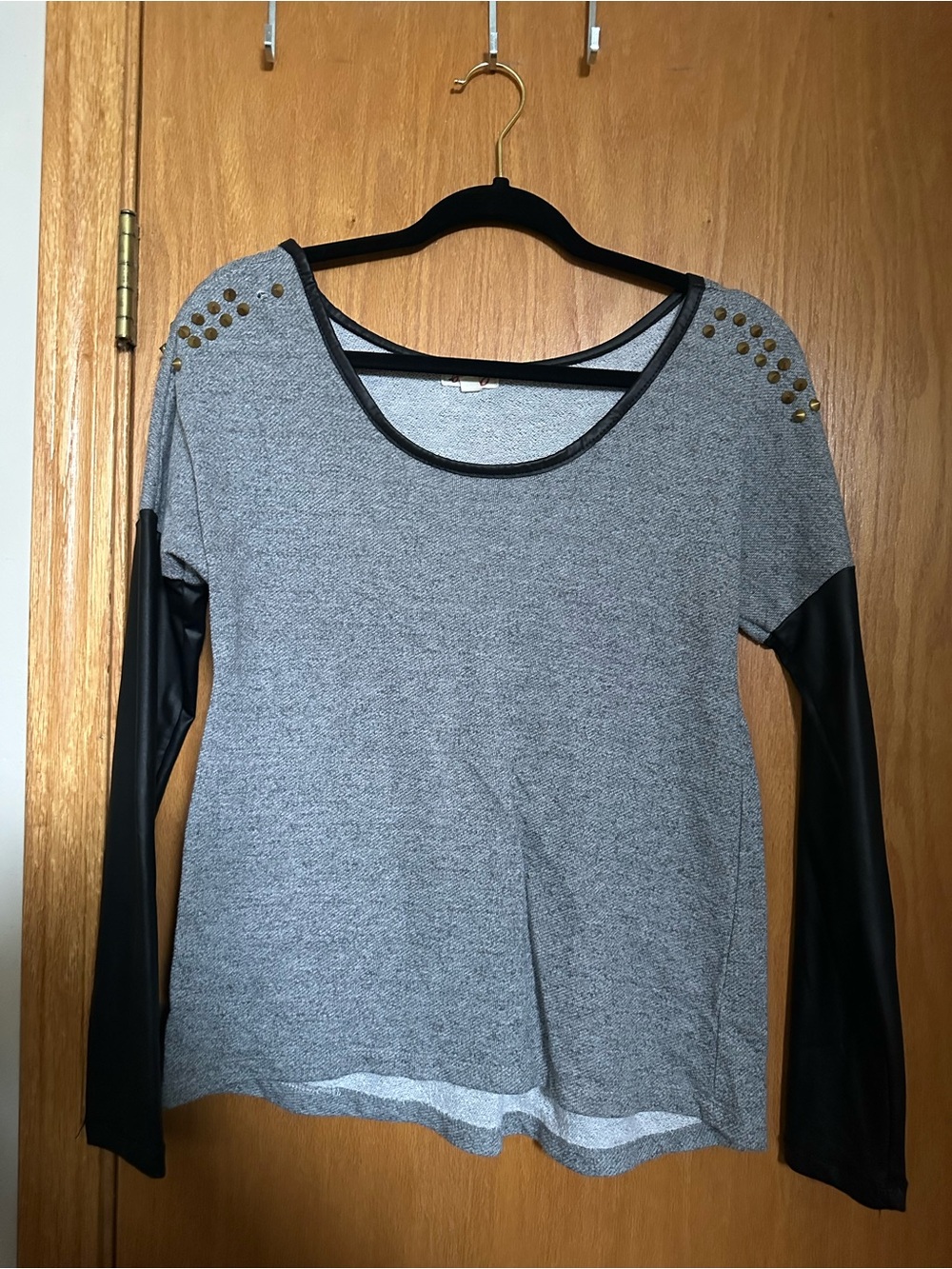 Gray Long-Sleeve Top with Black Faux-Leather Sleeves and Stud Accents
